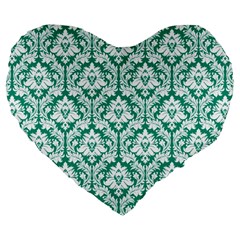 Emerald Green Damask Pattern Large 19  Premium Heart Shape Cushion by Zandiepants