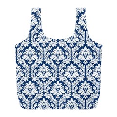 Navy Blue Damask Pattern Full Print Recycle Bag (l) by Zandiepants