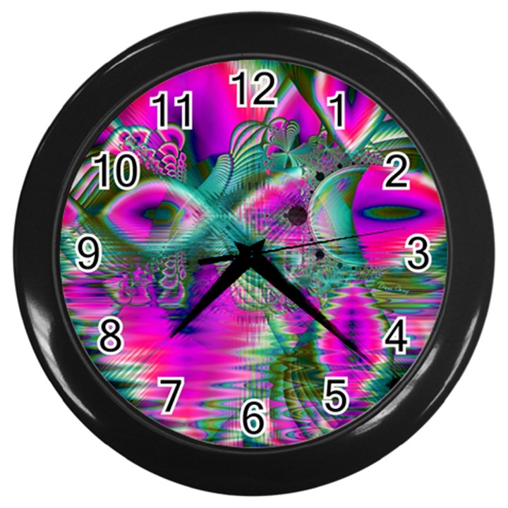 Crystal Flower Garden, Abstract Teal Violet Wall Clock (Black)