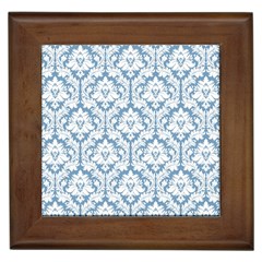 White On Light Blue Damask Framed Ceramic Tile by Zandiepants