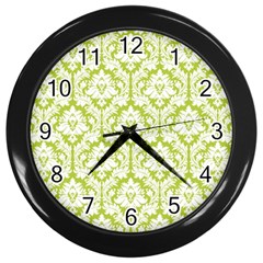 White On Spring Green Damask Wall Clock (black) by Zandiepants