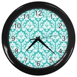 White On Turquoise Damask Wall Clock (Black) Front