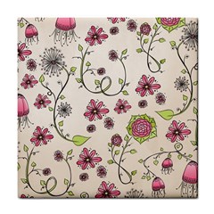 Pink Whimsical Flowers On Beige Ceramic Tile by Zandiepants