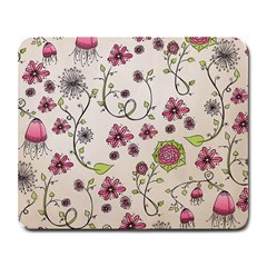 Pink Whimsical Flowers On Beige Large Mouse Pad (rectangle) by Zandiepants