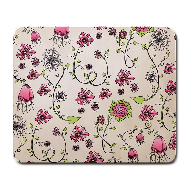 Pink Whimsical flowers on beige Large Mouse Pad (Rectangle)