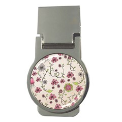 Pink Whimsical Flowers On Beige Money Clip (round) by Zandiepants