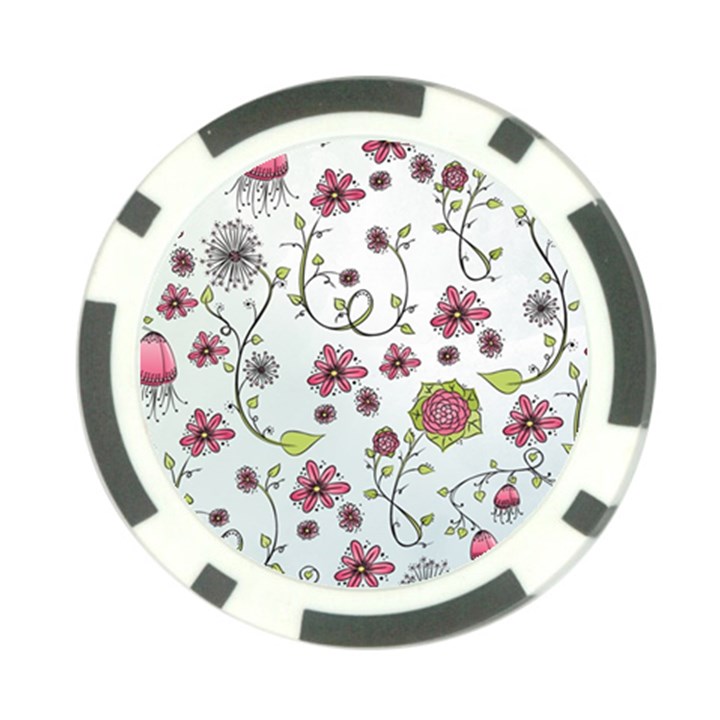 Pink whimsical flowers on blue Poker Chip