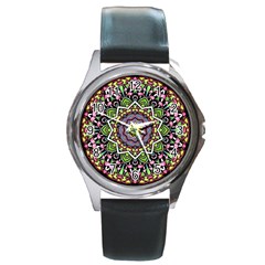 Psychedelic Leaves Mandala Round Leather Watch (silver Rim) by Zandiepants