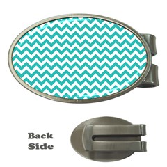 Turquoise And White Zigzag Pattern Money Clip (oval) by Zandiepants