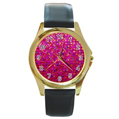 Polka Dot Sparkley Jewels 1 Round Leather Watch (gold Rim)  by MedusArt