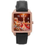 Bookworm Needlepoint Print Rose Gold Leather Watch  Front