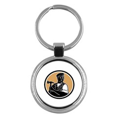 Carpenter Holding Hammer Woodcut Key Chain (round) by retrovectors