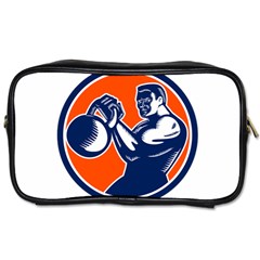 Bodybuilder Lifting Kettlebell Woodcut Travel Toiletry Bag (one Side) by retrovectors