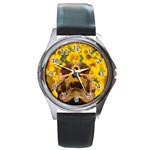 Sunflowers Round Leather Watch (Silver Rim) Front