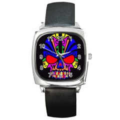 Skull In Colour Square Leather Watch by icarusismartdesigns