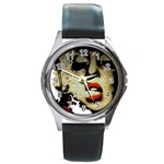 Woman With Attitude Grunge  Round Leather Watch (Silver Rim) Front