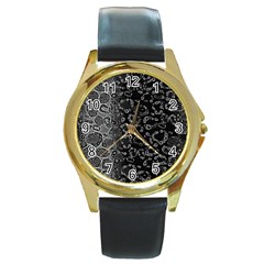 Black Cheetah Abstract Round Leather Watch (gold Rim)  by OCDesignss