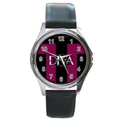 Pink Diva  Round Leather Watch (silver Rim) by OCDesignss