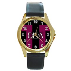 Pink Diva  Round Leather Watch (gold Rim)  by OCDesignss