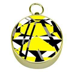 Yellow, Black And White Pieces Abstract Design Gold Compass by LalyLauraFLM