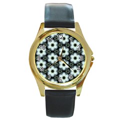 Faux Animal Print Pattern Round Leather Watch (gold Rim)  by GardenOfOphir