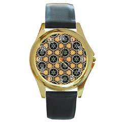 Faux Animal Print Pattern Round Leather Watch (gold Rim)  by GardenOfOphir