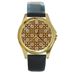 Faux Animal Print Pattern Round Leather Watch (gold Rim)  by GardenOfOphir