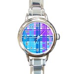 Blue & Purple Gingham Plaid Round Italian Charm Watch Front