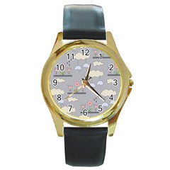 Garden In The Sky Round Leather Watch (gold Rim)  by Kathrinlegg