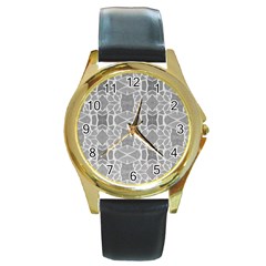 Grey White Tiles Geometry Stone Mosaic Pattern Round Leather Watch (gold Rim)  by yoursparklingshop