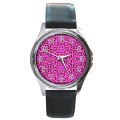 Florescent Pink Animal Print  Round Leather Watch (silver Rim) by OCDesignss