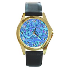 Blue Confetti Storm Round Leather Watch (gold Rim)  by KirstenStar