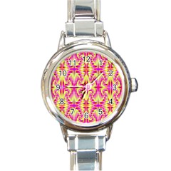 Pink And Yellow Rave Pattern Round Italian Charm Watch by KirstenStar