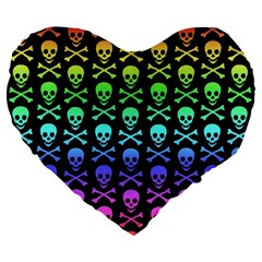 Rainbow Skull And Crossbones Pattern Large 19  Premium Flano Heart Shape Cushion by ArtistRoseanneJones