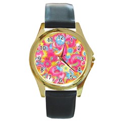 Hippy Peace Swirls Round Leather Watch (gold Rim)  by KirstenStar