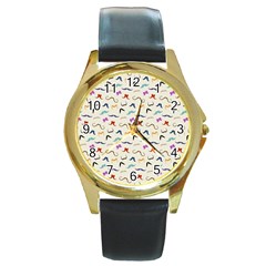 Mustaches Round Leather Watch (gold Rim)  by boho