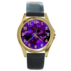 Purple Skulls Goth Storm Round Leather Watch (gold Rim)  by KirstenStar