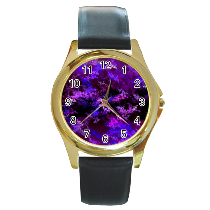 Purple Skulls Goth Storm Round Leather Watch (Gold Rim) 