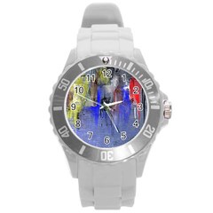 Hazy City Abstract Design Round Plastic Sport Watch (l) by digitaldivadesigns