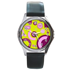 Florescent Yellow Pink Abstract  Round Metal Watches by OCDesignss