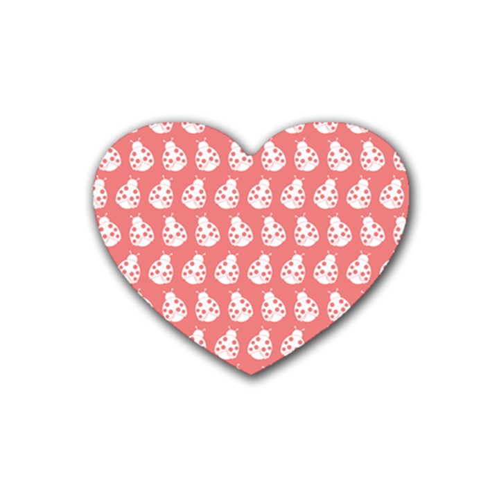 Coral And White Lady Bug Pattern Rubber Coaster (Heart) 