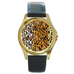 Brown Cheetah Abstract  Round Gold Metal Watches by OCDesignss