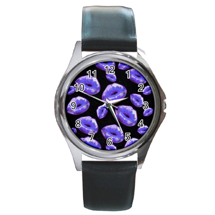 Sassy Purple Puckered Lips  Round Metal Watches