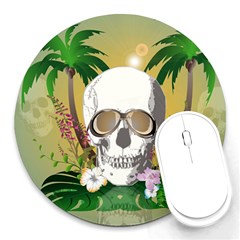 Funny Skull With Sunglasses And Palm Round Mousepads by FantasyWorld7