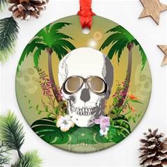 Funny Skull With Sunglasses And Palm Ornament (round)  by FantasyWorld7