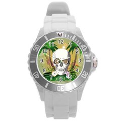 Funny Skull With Sunglasses And Palm Round Plastic Sport Watch (l) by FantasyWorld7