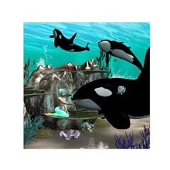 Cute Mermaid Playing With Orca Small Satin Scarf (square)  by FantasyWorld7