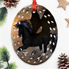 Awesome Dark Unicorn With Clouds Ornament (oval Filigree)  by FantasyWorld7