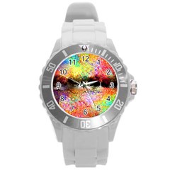 Colorful Tree Landscape Round Plastic Sport Watch (l) by digitaldivadesigns