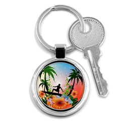 Tropical Design With Surfboarder Key Chains (round)  by FantasyWorld7